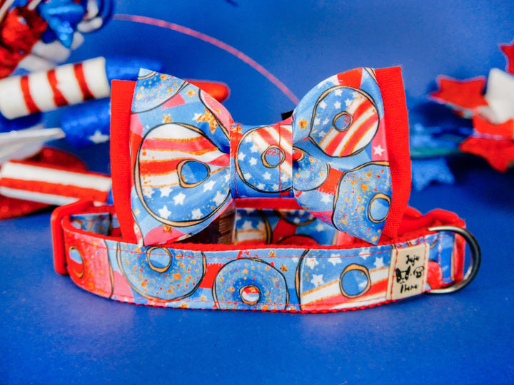Patriotic donut dog collar bow tie/ cute boy dog collar/ 4th of July collar/ large small puppy collar/ Memorial day USA collar/ blue collar