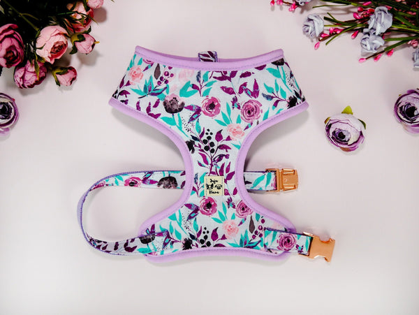 Girl rose flower dog harness vest/ purple floral dog harness/ female medium harness/ small puppy harness/ designer soft fabric dog harness