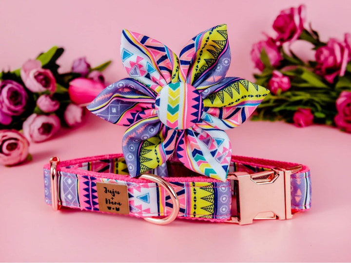 Pink Aztec dog collar with flower