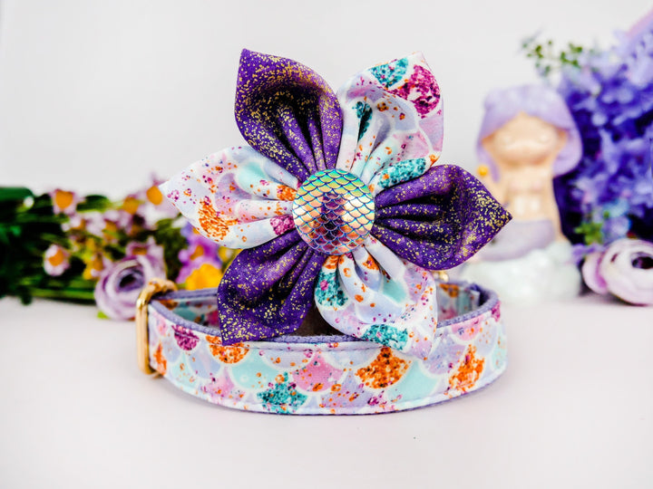 Dog flower collar leash set - Purple mermaid scales