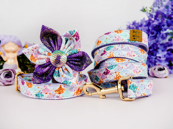 Dog flower collar leash set - Purple mermaid scales