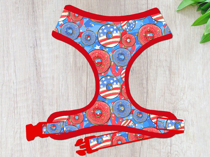 Patriotic donut dog harness vest/girl boy dog harness/ 4th of july harness independence day / small medium puppy harness/ memorial harness