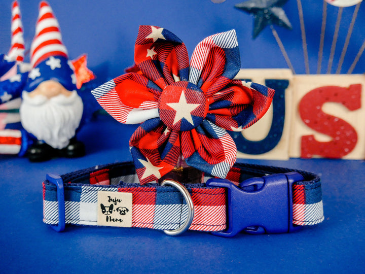 Patriotic buffalo plaid dog collar flower/ Girl dog collar/ 4th of July collar/ large small collar/ American fabric collar/ memorial day dog