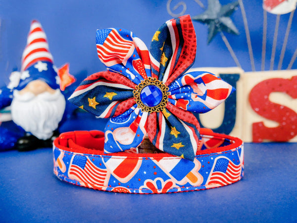Patriotic dog collar flower/ girl cute dog collar/ memorial dog collar/ 4th of July dog collar/ Small large dog collar/ american flag collar