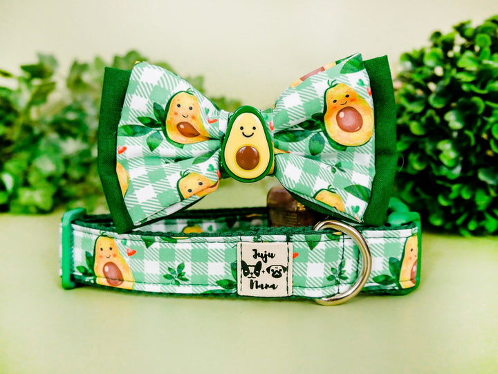 Avocado Plaid dog collar with bow tie/ Boy girl dog collar/ fruit food dog collar/ small large dog collar/ cute puppy collar/ fabric collar