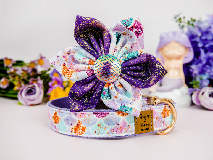Dog collar with flower - Purple mermaid scales
