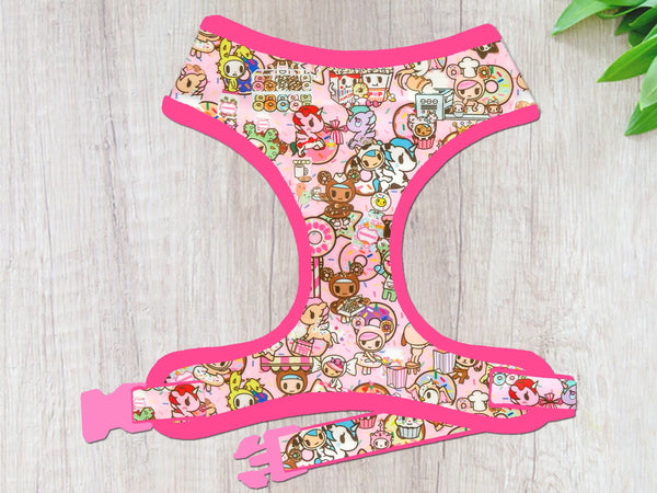 Dog harness - pink unicorns, donuts, and characters