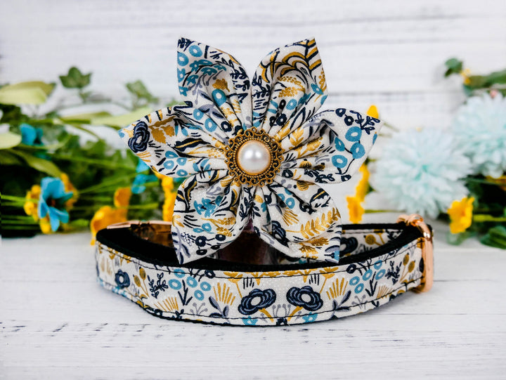 Dog collar with flower - Tapestry Midnight natural metallic