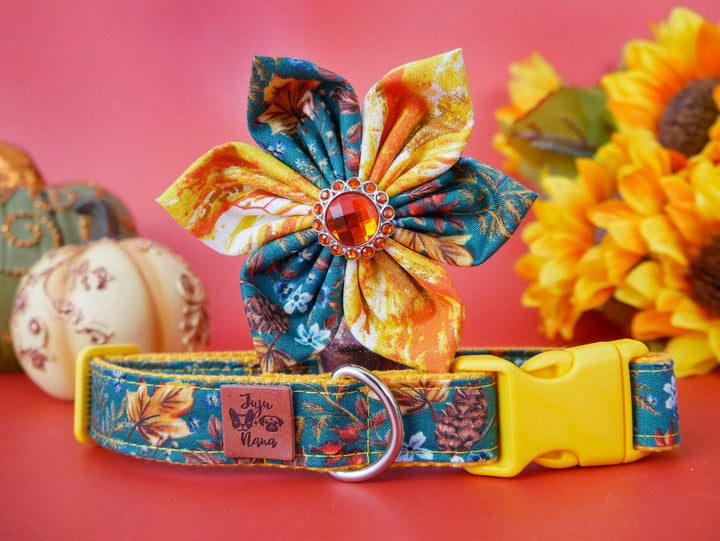 Dog collar with flower - Autumn leaves - yellow trim