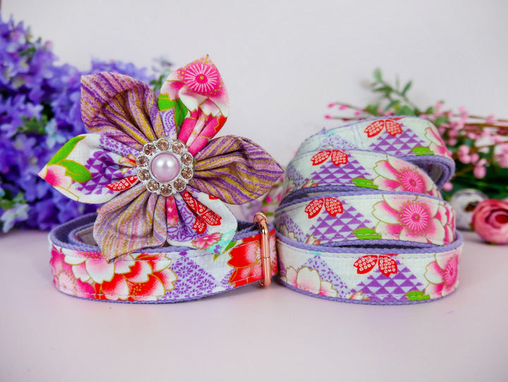 Dog collar with flower - Purple Japanese Kimono flower and plaid