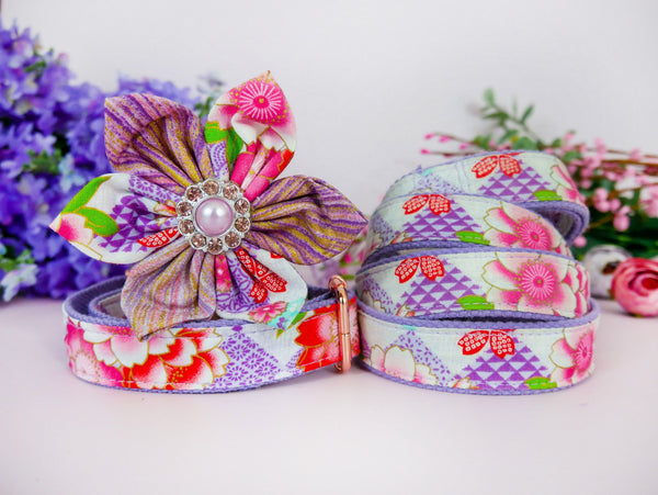 Dog flower collar leash set - Purple Kimono and flowers