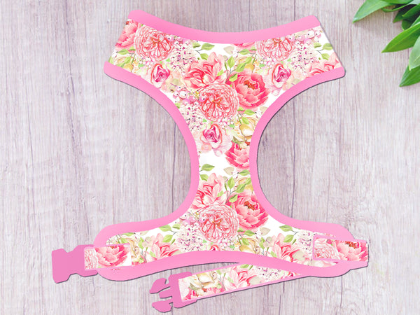 Floral girl dog harness/ wedding rose flower dog harness vest/ pink white female harness/ Small medium harness/ soft fabric puppy harness