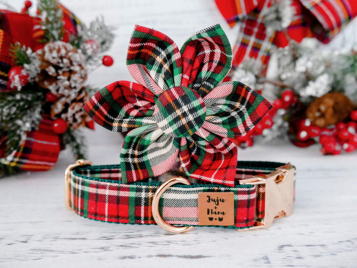 Christmas plaid dog collar leash set/ Girl collar and leash