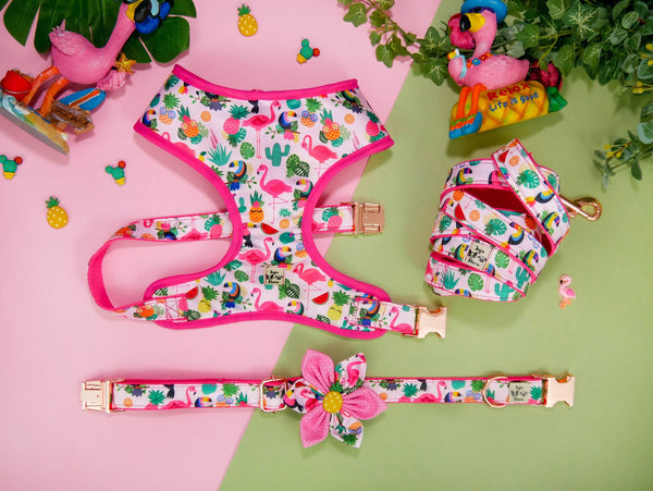 Flamingo dog Harness leash set/ pink Girl dog harness vest/ cute tropical dog harness and lead/ designer fabric harness/ puppy harness
