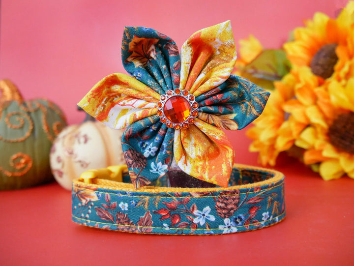 Dog collar with flower - Autumn leaves - yellow trim