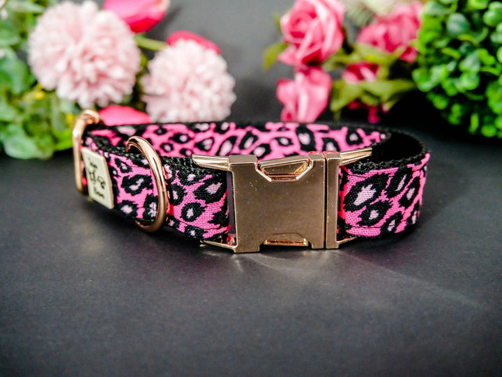 pink leopard dog collar/ Girl cheetah dog collar/ cute female dog collar/ small large dog collar/ medium puppy collar/ black fabric collar