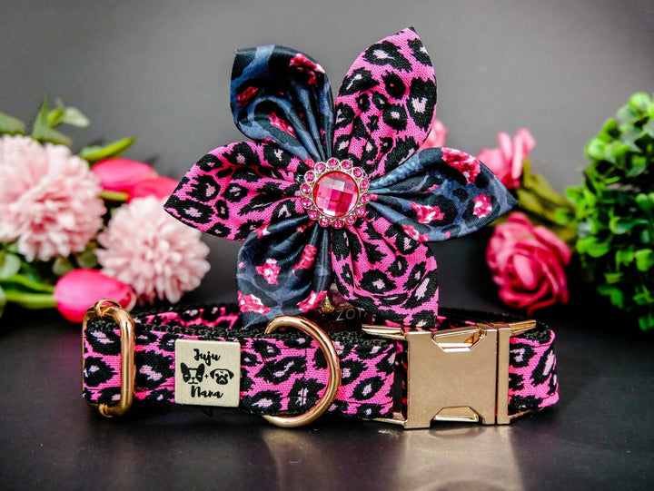 Dog collar with flower - Pink black leopard