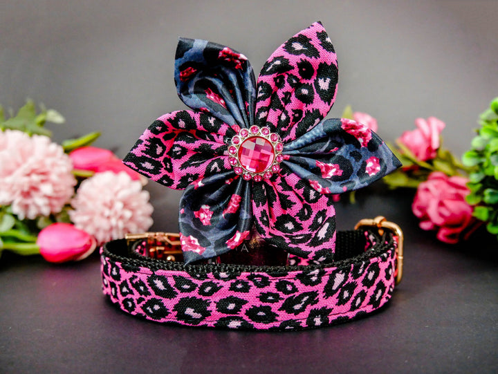 Dog collar with flower - Pink black leopard