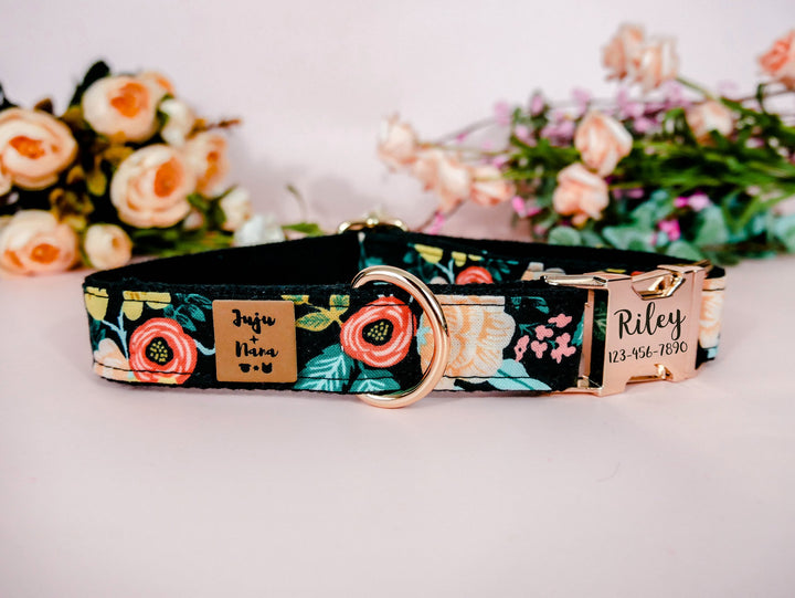 girl floral dog collar/ Personalized Engraved Dog Collar/ rifle paper co flower collar/ Autumn fall collar/ black fabric female dog collar