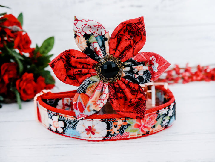 Dog collar with flower - Japanese Kimono black red floral