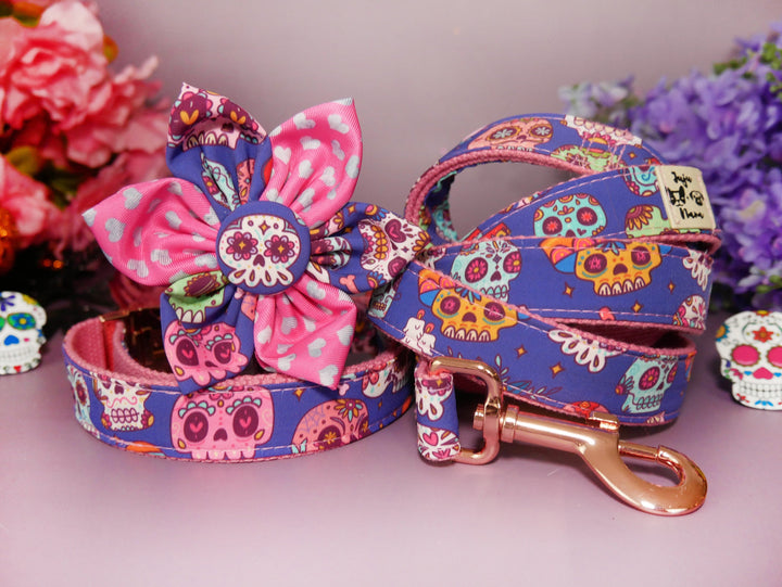 Dog harness set - Sugar skulls (Pink trim)