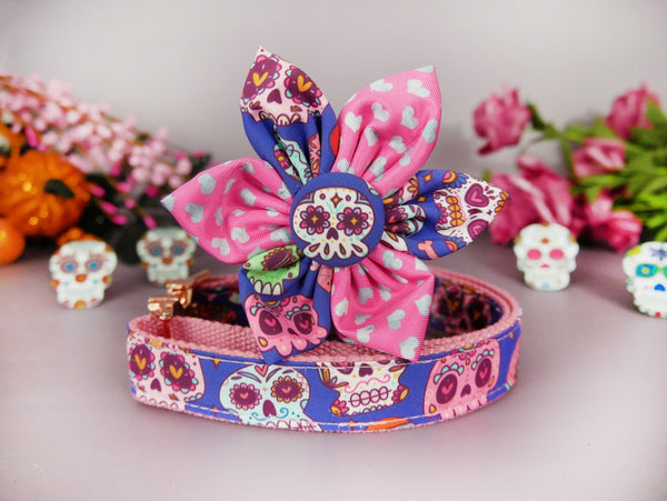 Dog collar with flower - Purple pink Sugar skulls