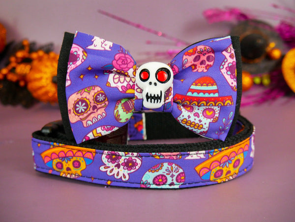 Halloween dog collar with bow tie - Sugar Skulls