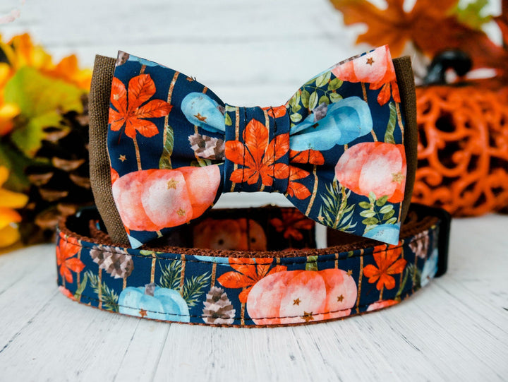 Dog collar with bow tie - Pumpkins, maple leaves, and Pine cones