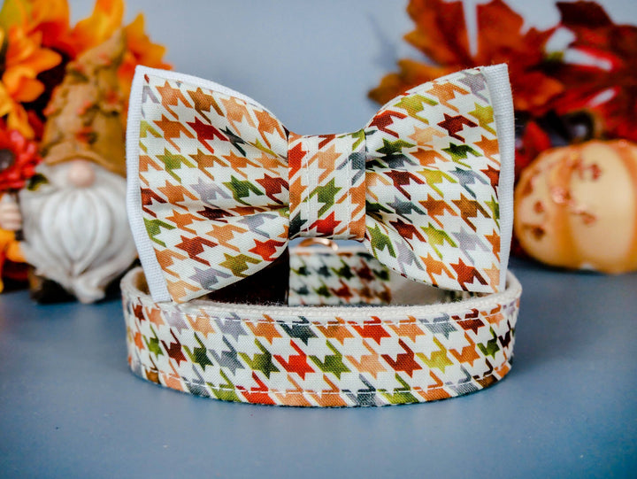 Dog collar with bow tie - White fall hounds tooth check