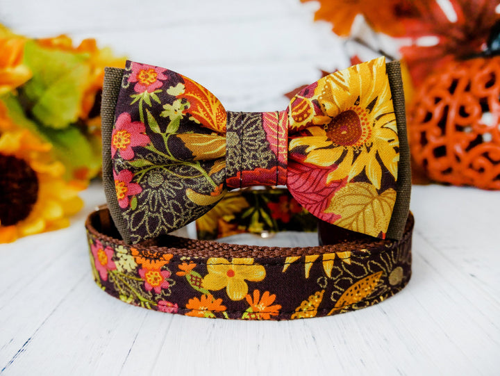 Dog collar with bow tie - Glitter sunflowers