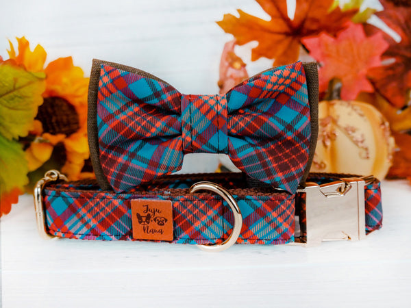 Plaid dog collar bow tie/ boy Fall dog collar/ Thanksgiving tartan dog collar/ small large dog collar/ turquoise autumn fabric dog collar