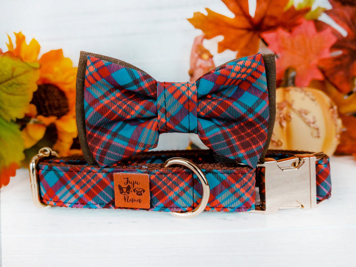 Dog collar with bow tie - Autumn tartan