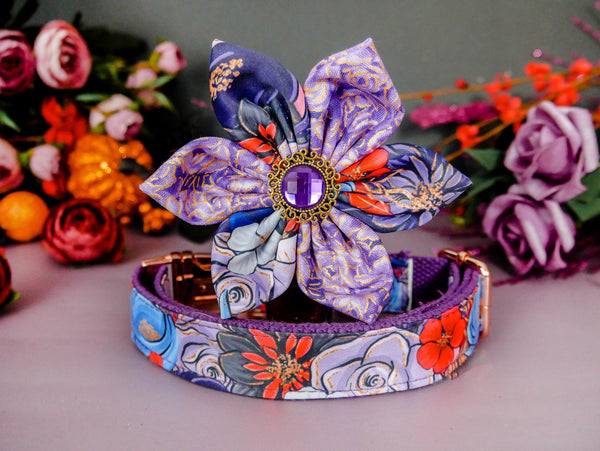 Dog collar with flower - Halloween/Fall/Autumn/Thanksgiving purple glitter flowers