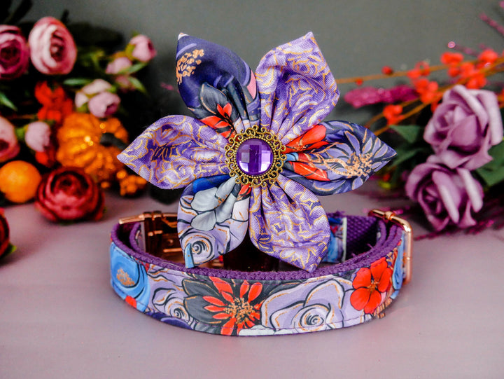 Purple Floral dog collar leash set/ girl dog collar flower