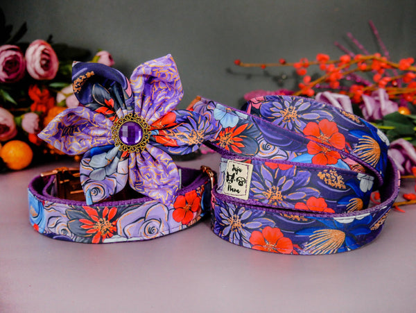 Purple Floral dog collar leash set/ girl dog collar flower
