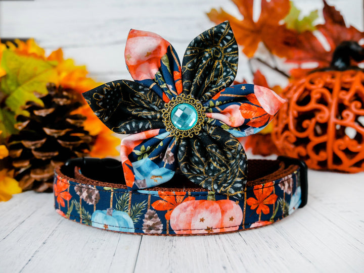 Dog collar with flower - Pumpkins, maple leaves, and Pine cones