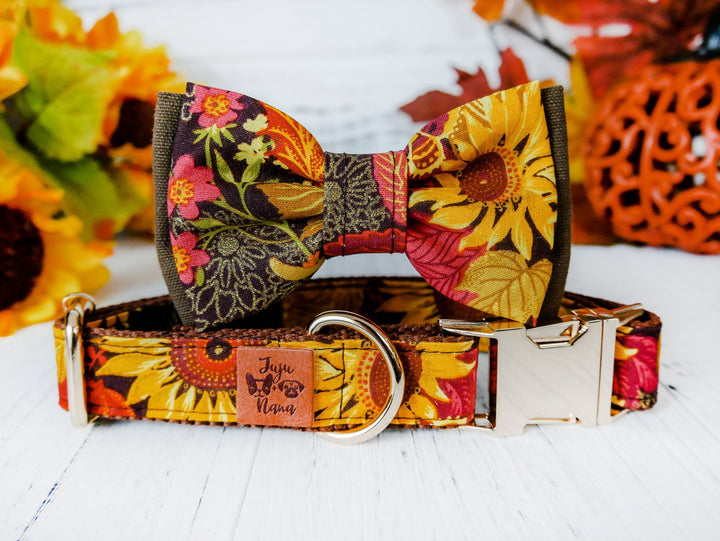 Dog collar with bow tie - Glitter sunflowers