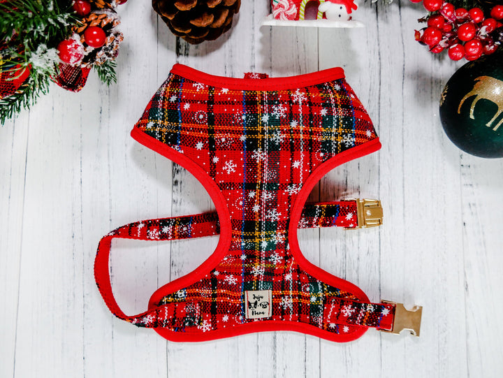Christmas dog harness set - red snowflake plaid