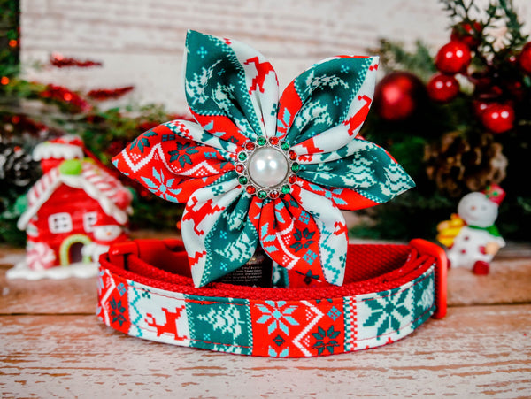 Christmas dog collar with flower - red ugly sweater