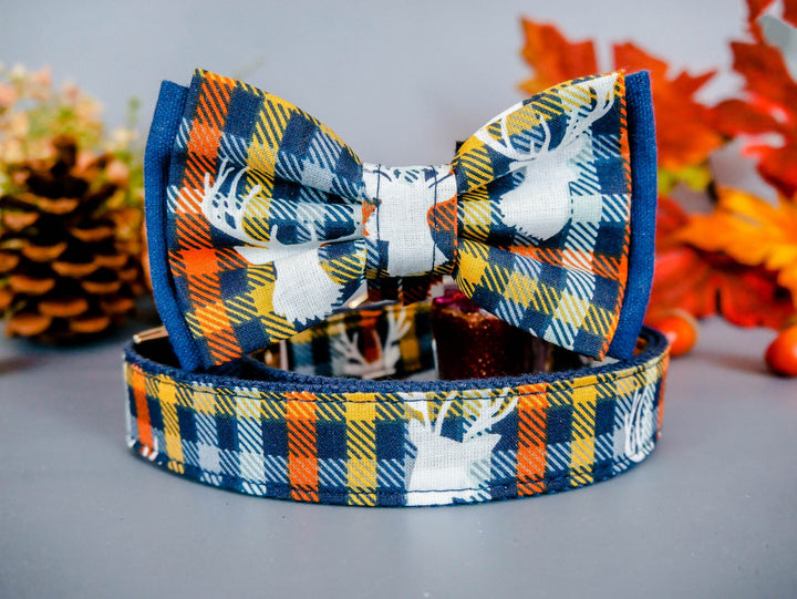 Plaid dog collar bow tie/ boy deer collar/ Fall autumn dog collar/ Thanksgiving dog collar/ small large dog collar/ harvest collar
