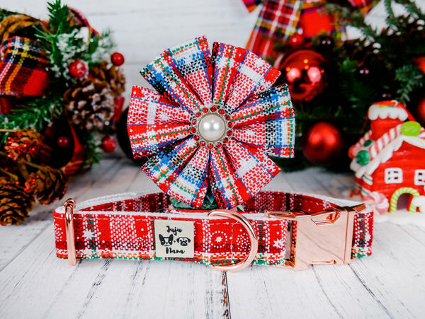 Christmas dog collar with flower - Red white Tartan plaid