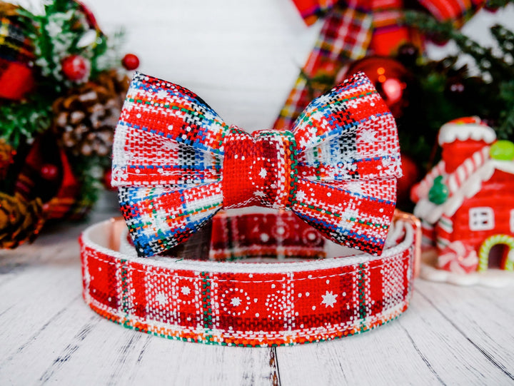 Christmas dog collar with bow tie - Red white Tartan plaid