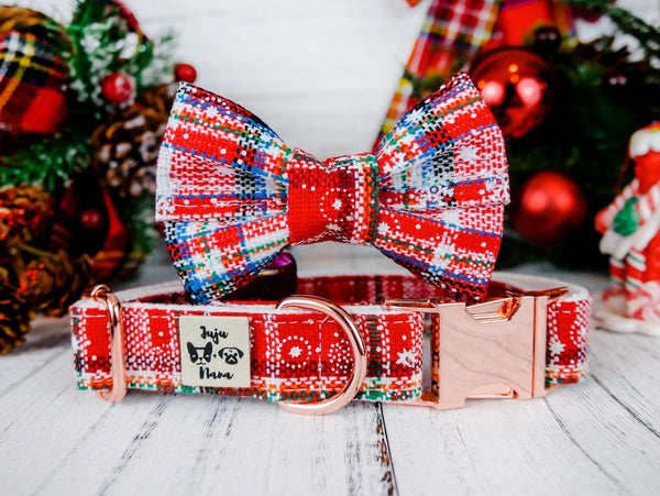 Christmas dog collar with bow tie - Red white Tartan plaid