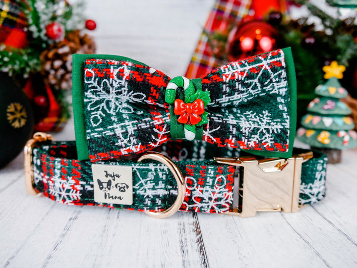 Christmas dog collar with bow tie - Green Tartan plaid