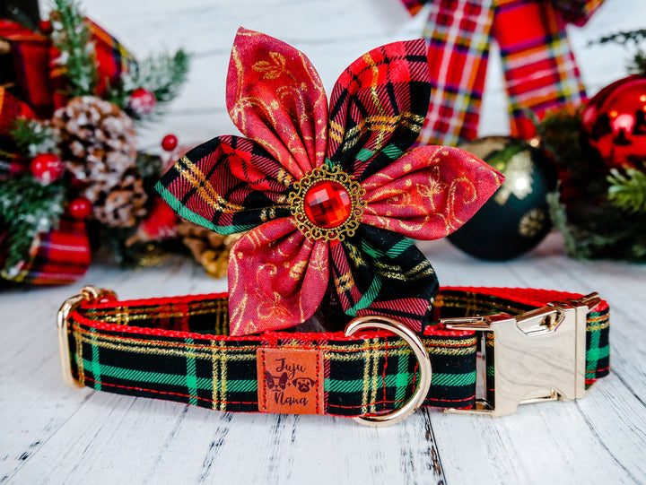 Christmas dog collar with flower - Glitter Tartan
