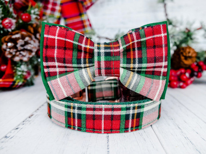 Christmas plaid dog collar/ Christmas dog collar bow tie