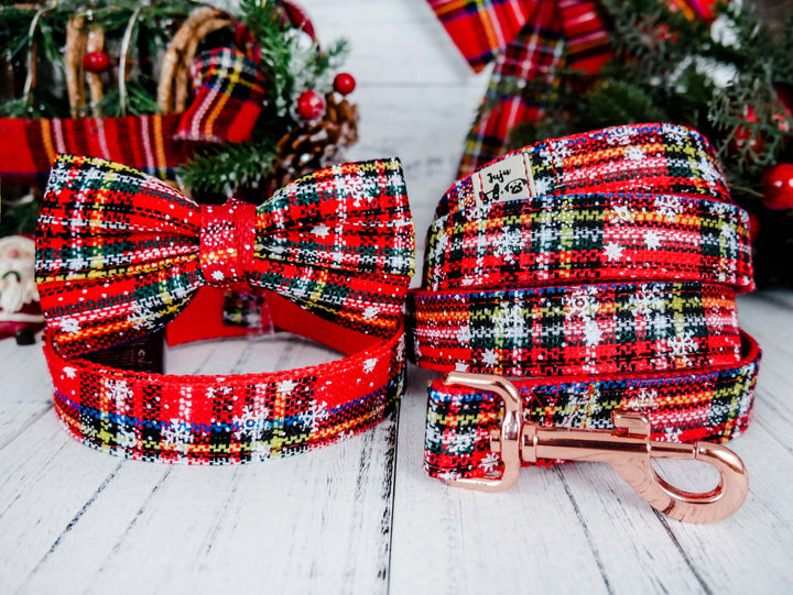Christmas dog collar bow tie OR Flower - Red tartan with snowflakes