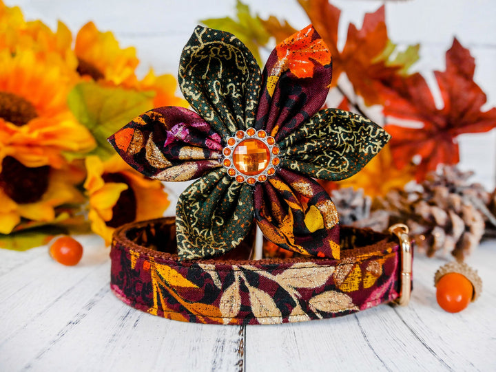 Thanksgiving dog collar with flower - glitter leaves