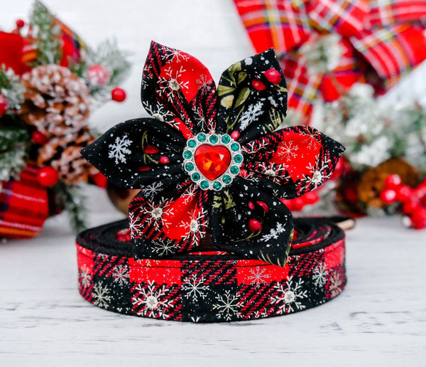 Christmas dog collar flower, Red Christmas buffalo plaid dog collar