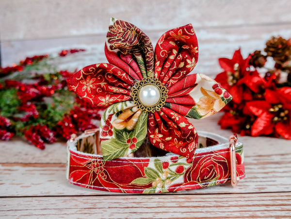Christmas poinsettias dog collar with flower